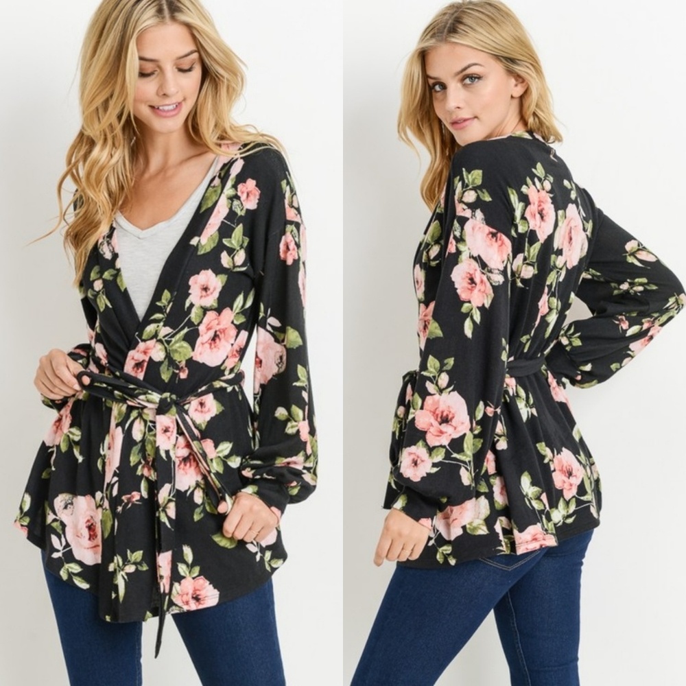 2 LEFT! Floral puff sleeve belted cardigan - Picture 2 of 8